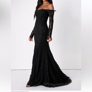 NWT Lulu’s dreamer black lace off the shoulder maxi dress, waitlisted on site!